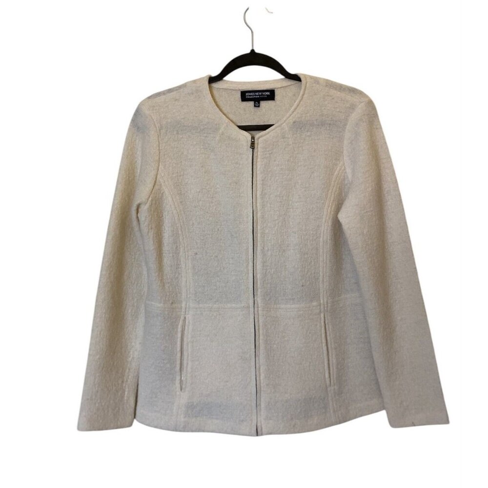 Jones New York Petite Winter White Merino Wool Jacket Sweater Zip Front PL 12P